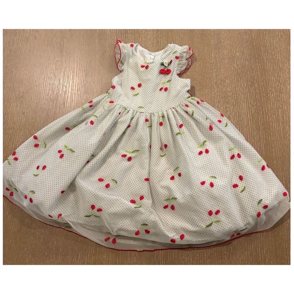 Laura Ashley Girls Size 4 Cherry Dress Polka Dot Tulle Lined Special Occasion